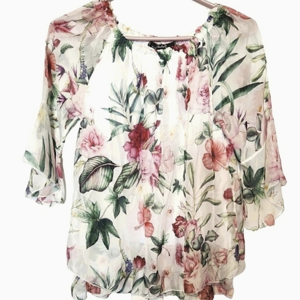 Charlie B Silk Blend Floral Blouse  Tiered Ruffle Hem 3/4 Flutter Sleeves Small